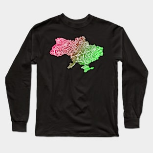 Colorful mandala art map of Ukraine with text in pink and green Long Sleeve T-Shirt